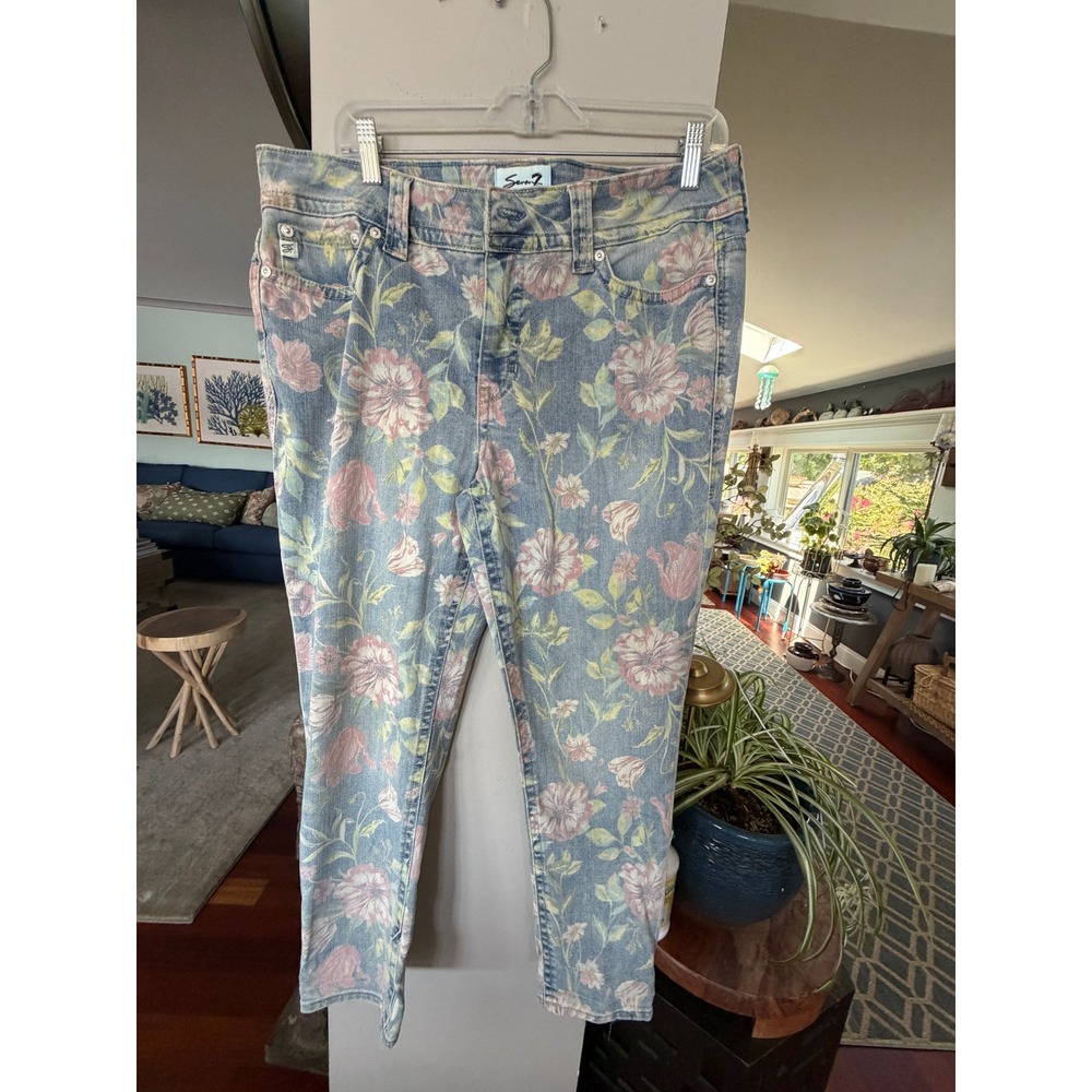 Seven7 Starlette Crop Jeans Womens 12 Blue Pink Floral Print Stretch Denim Boho